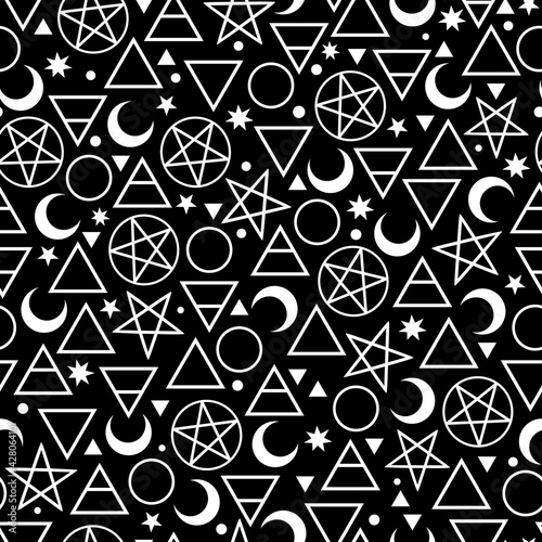 seamless pattern of white alchemical signs on a black background