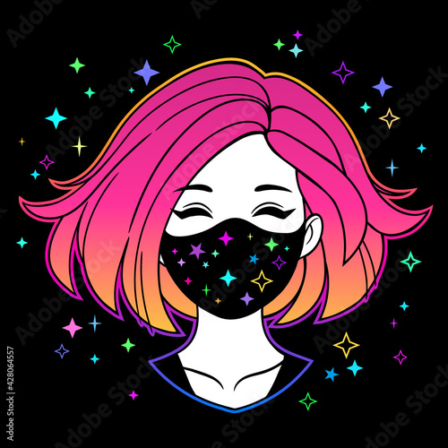 face of a young girl in a medical decorated mask