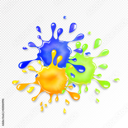 Glitter goo splash. Red, yellow and blue slime sparkles. Realistic 3d glossy drops and blots.