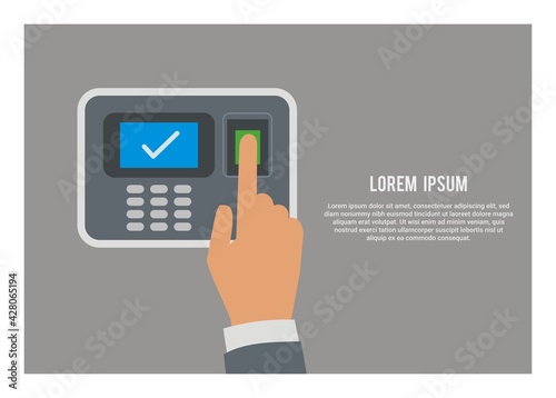 Hand pushing attendance machine button. Simple flat illustration