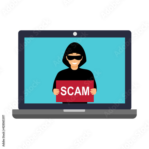 Internet hacker stealing money or data phishing from website computer. Cybercrime concept. Scammer on laptop computer screen in flat design.