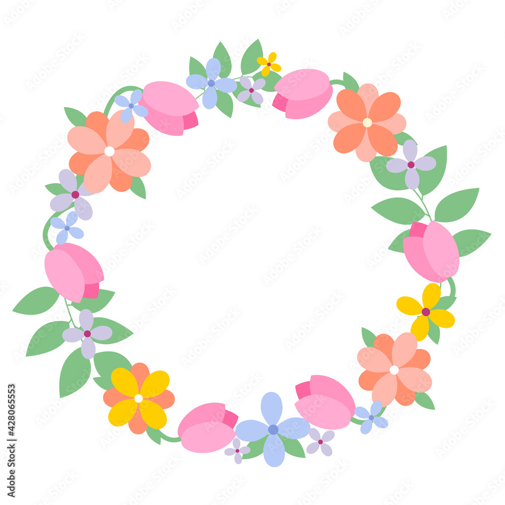 A wreath of flowers and leaves in the vector. Isolated. Tulips. You can use it as an element of your own design for holiday cards, sales posts A wreath of flowers and leaves in the vector. Isolated. Tulips. You can use it as an element of your own design for holiday cards, sales posts