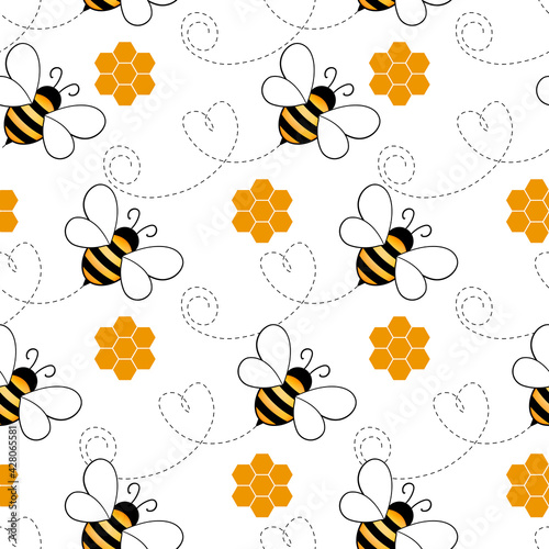 Seamless pattern with bees and honeycombs on white background. Small wasp. Vector illustration. Adorable cartoon character. Template design for invitation, cards, textile, fabric. Doodle style.