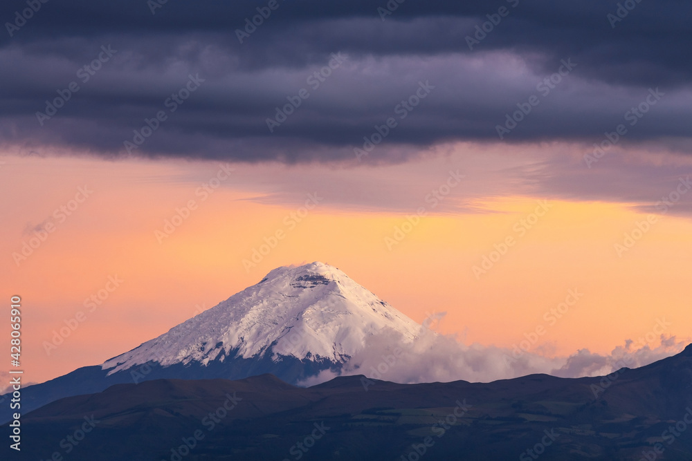 Cotopaxi volcano sunset, Quito, Cotopaxi province, Ecuador.