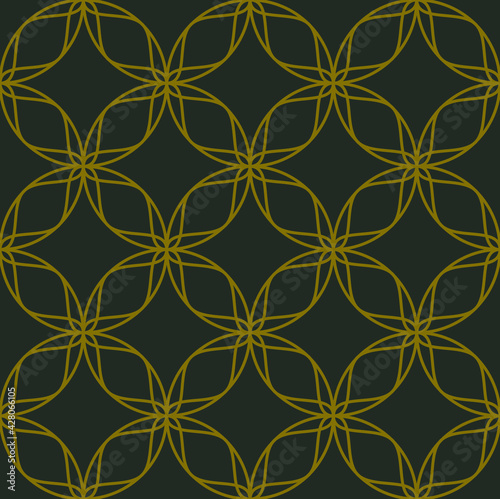 Simple interlocking circles outline repeat pattern in gold color with a twist that creates a classical geometrical floral design on a grey background, vector illustration