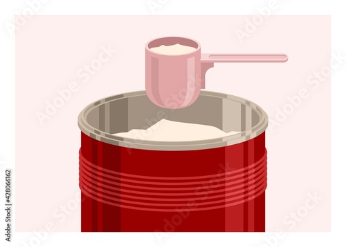 Powder milk in tin container and plastic spoon. Simple flat illustration.