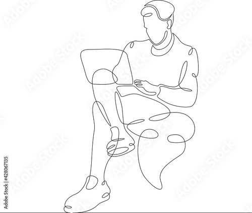 Male character at the work table in the office. Workplace laptop designer programmer manager. One continuous drawing line  logo single hand drawn art doodle isolated minimal illustration.