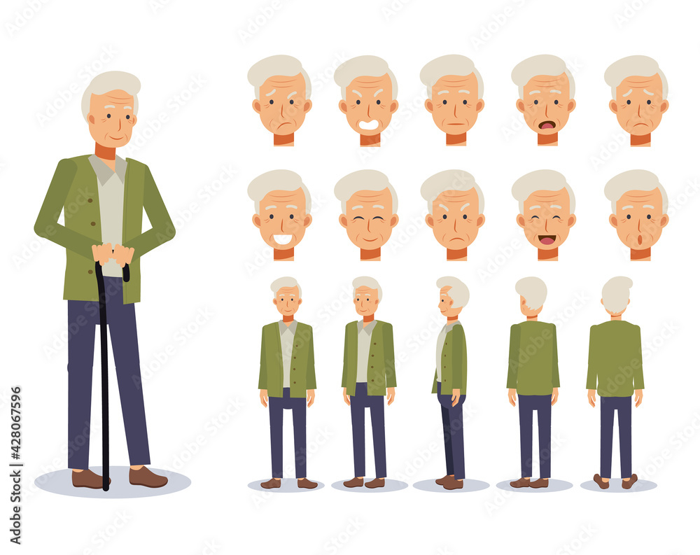Flat Vector illustration set of old man ,Front, side, back view . emotion expression. animated character. Flat Vector illustration set of old man ,Front, side, back view . emotion expression. animated character.