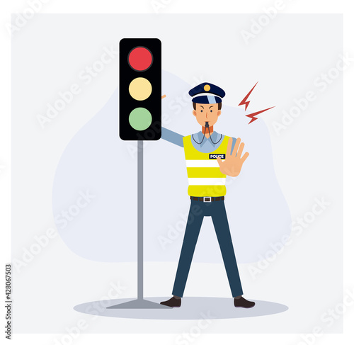 Traffic police near the traffic light is hand up to stop the cars, Red light. Flat vector cartoon character.