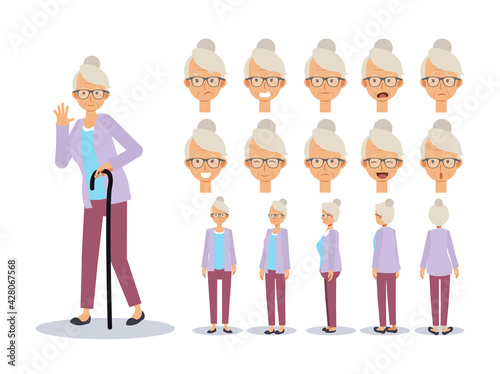 Fototapeta Naklejka Na Ścianę i Meble -  Flat Vector illustration set of old lady ,Front, side, back view . emotion expression. animated character.