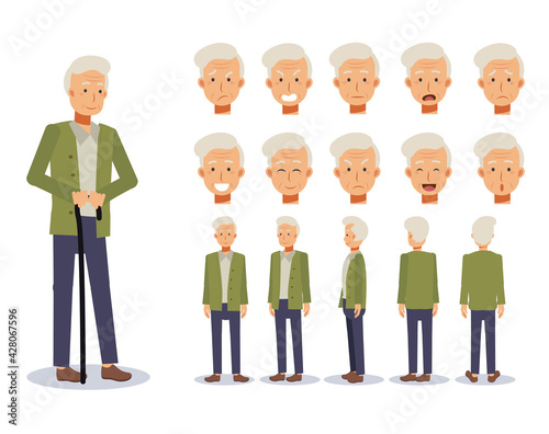 Flat Vector illustration set of old man ,Front, side, back view . emotion expression. animated character.