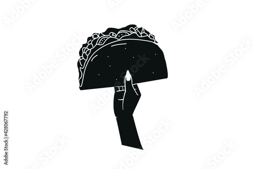 woman`s hand holding tacos. illustration 