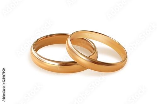 Two golden wedding rings on white background. Quality realistic vector, 3d illustration