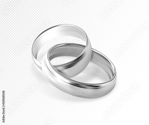 Two interlocking silver or platinum wedding rings on transparent background. Quality realistic vector, 3d illustration