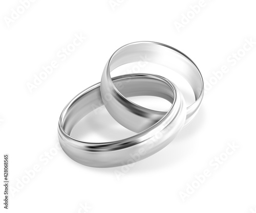 Two interlocking silver or platinum wedding rings on white background. Quality realistic vector, 3d illustration