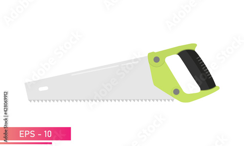 A large, comfortable wood saw with a green handle. Realistic design. On a white background. Carpenter tools. Flat vector illustration.
