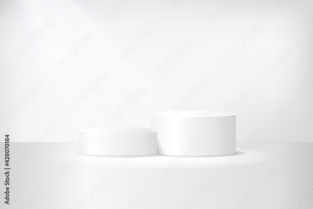White 3d podium mockup in circle shape. Empty stage or pedestal mockup illuminated with spotlight. Podium or platform for award ceremony and product presentation. Vector White 3d podium mockup in circle shape. Empty stage or pedestal mockup illuminated with spotlight. Podium or platform for award ceremony and product presentation. Vector