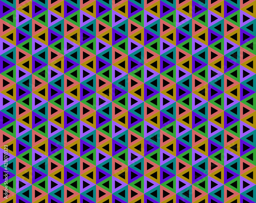 Patrón de triángulos huecos en colores pastel formando hexágonos sobre fondo negro