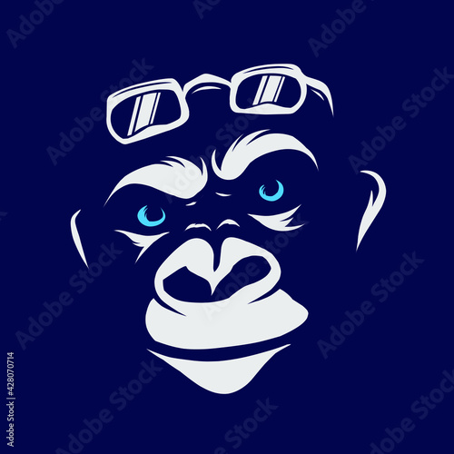 Funny funky monkey Line Pop Art logo. Colorful design with dark background. Abstract vector illustration. Isolated black background for t-shirt, poster, clothing, merch, apparel, badge design