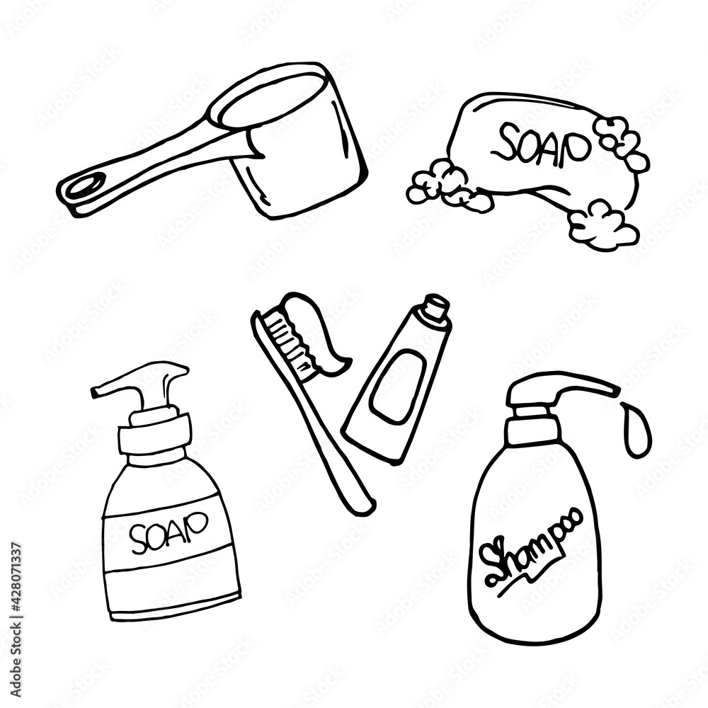 set of toiletries illustration on white background. soap, bottle of