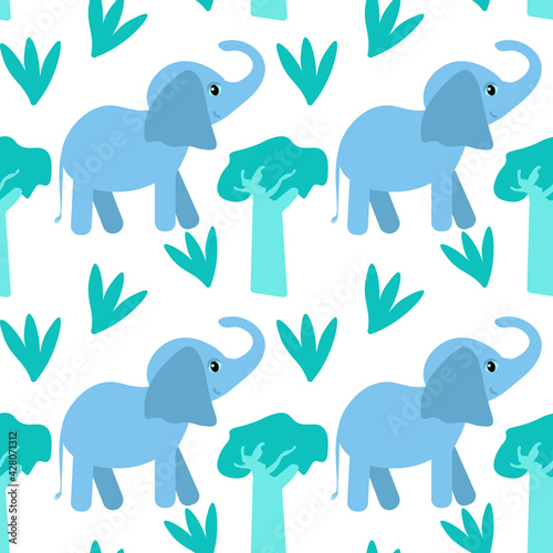 children's vector pattern blue elephant . seamless pattern, hand drawn backdrop, blank for children's fabric, printing, packaging, design . huge mammal, baobab, silhouette image