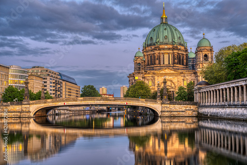 The Berlin Cathedral, the museum island and the river Spree at dusk