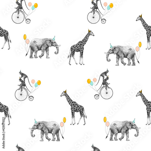 Canvas Print Beautiful seamless pattern with safari animal birthday party