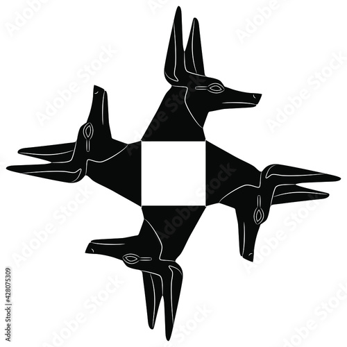 Square animal cross design with four heads of Egyptian jackal or canine headed god Anubis. Black and white silhouette.