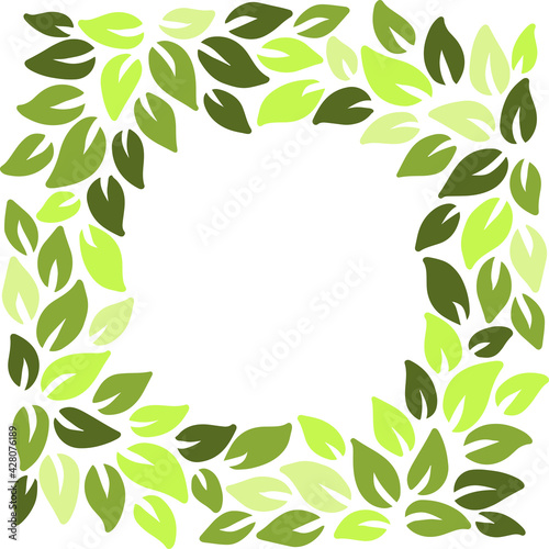 Eco style green leaves square frame. Eco friendle pattern with copyspace. Vector illustration.