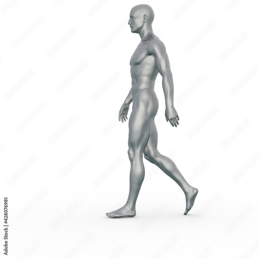 3D Render : Silver male model character is walking on the white background 3D Render : Silver male model character is walking on the white background