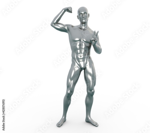 3D render   silver texture male character pose action with isolated background