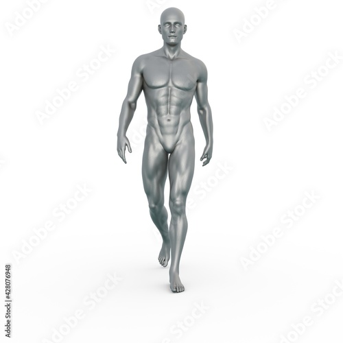 3D Render : Silver male model character is walking on the white background