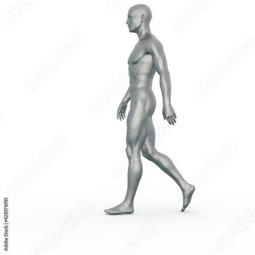 3D Render   Silver male model character is walking on the white background