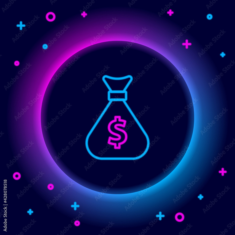 Glowing neon line Money bag icon isolated on black background. Dollar or USD symbol. Cash Banking currency sign. Colorful outline concept. Vector Glowing neon line Money bag icon isolated on black background. Dollar or USD symbol. Cash Banking currency sign. Colorful outline concept. Vector