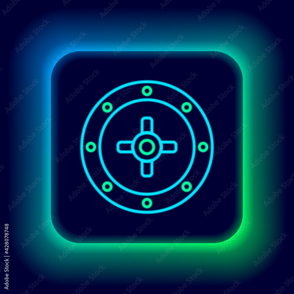 Glowing neon line Safe icon isolated on black background. The door safe a bank vault with a combination lock. Reliable Data Protection. Colorful outline concept. Vector Glowing neon line Safe icon isolated on black background. The door safe a bank vault with a combination lock. Reliable Data Protection. Colorful outline concept. Vector