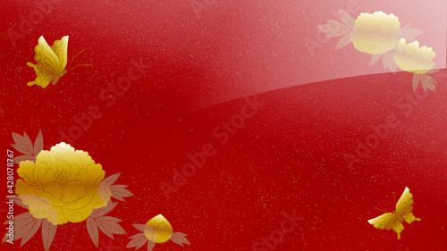 牡丹の花の金銀の蒔絵　赤い背景　コピースペースあり photo
