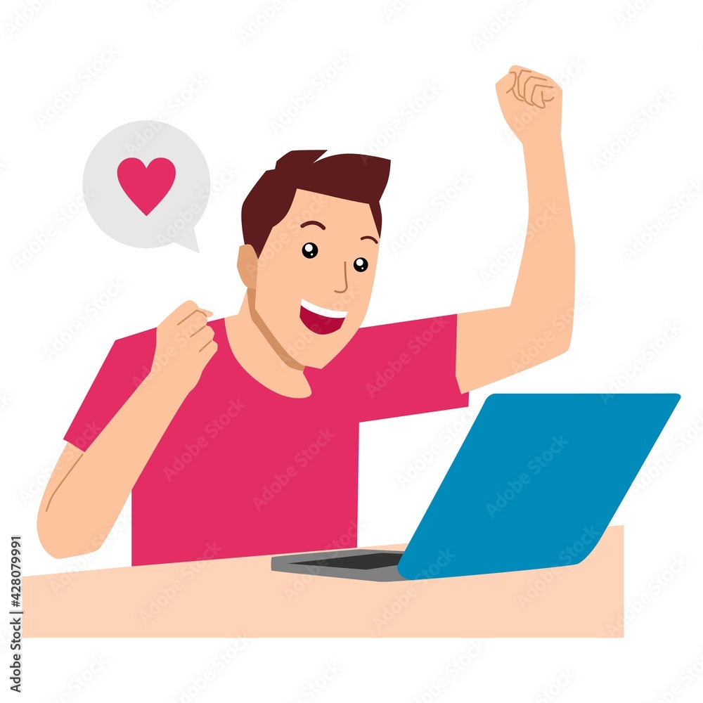 Man looking for online date on the internet. Man dating online and getting a virtual love message. Vector flat illustration Man looking for online date on the internet. Man dating online and getting a virtual love message. Vector flat illustration