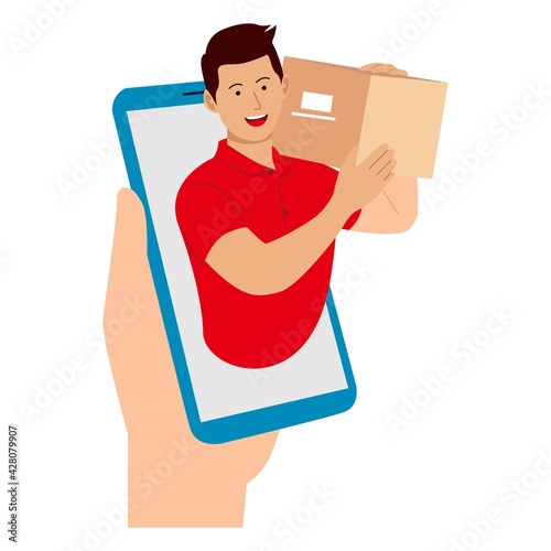 Delivery man flat vector cartoon character. Fast courier. Vector flat illustration
