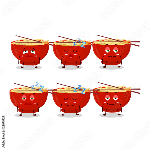 Cartoon character of bowl of noodles new with sleepy expression