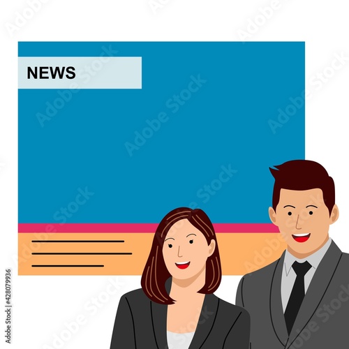 News anchor men and woman headline tv. Breaking news - News announcer in the studio. Vector flat illustration