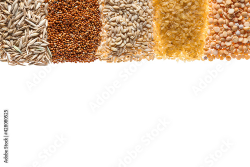 Heap of different cereals and legumes on white background © Pixel-Shot