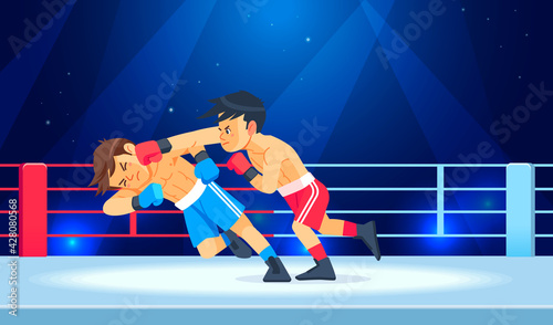 Boy fighter or boxer loses and gets hit in the face while having a knockdown or Knockout in the boxing ring. Cartoon character, flat style vector illustration