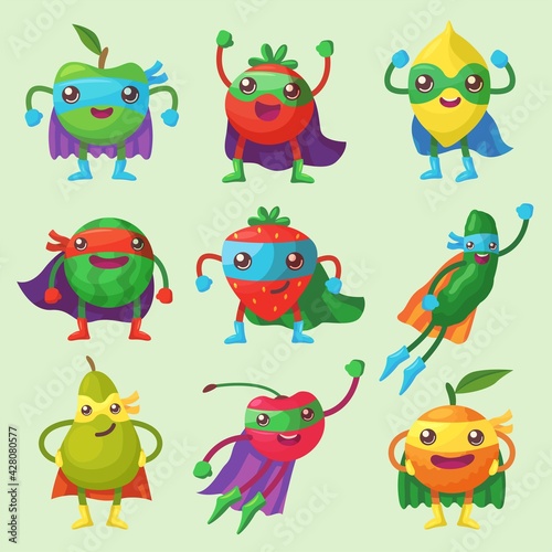 Fruit, berry and vegetable characters as superheroes vector set. Collection of cartoon apple, tomato, strawberry, pear with masks and capes isolated illustrations. Diet, healthy food concept