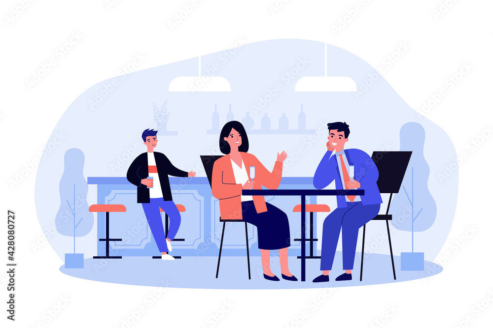 Cartoon men and woman with drinks in cafe interior. Flat vector illustration. Happy couple sitting at table with drinks and young man standing near bar. Dating, leisure time, business concept