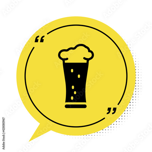 Black Glass of beer icon isolated on white background. Yellow speech bubble symbol. Vector