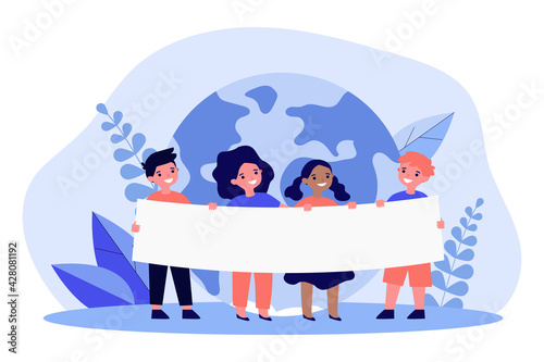 Cartoon children of different nationalities and races. Flat vector illustration. Kids standing together and holding poster with Earth on background. Unity, culture diversity, friendship concept
