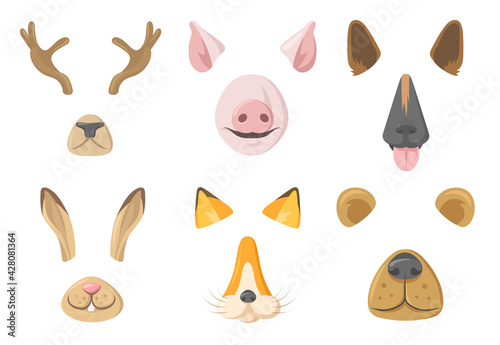 Animal masks for mobile application vector illustrations set. Cartoon bunny, deer, pig, fox, bear and dog face masks with nose and ears on white background. Photo or video chat filter concept