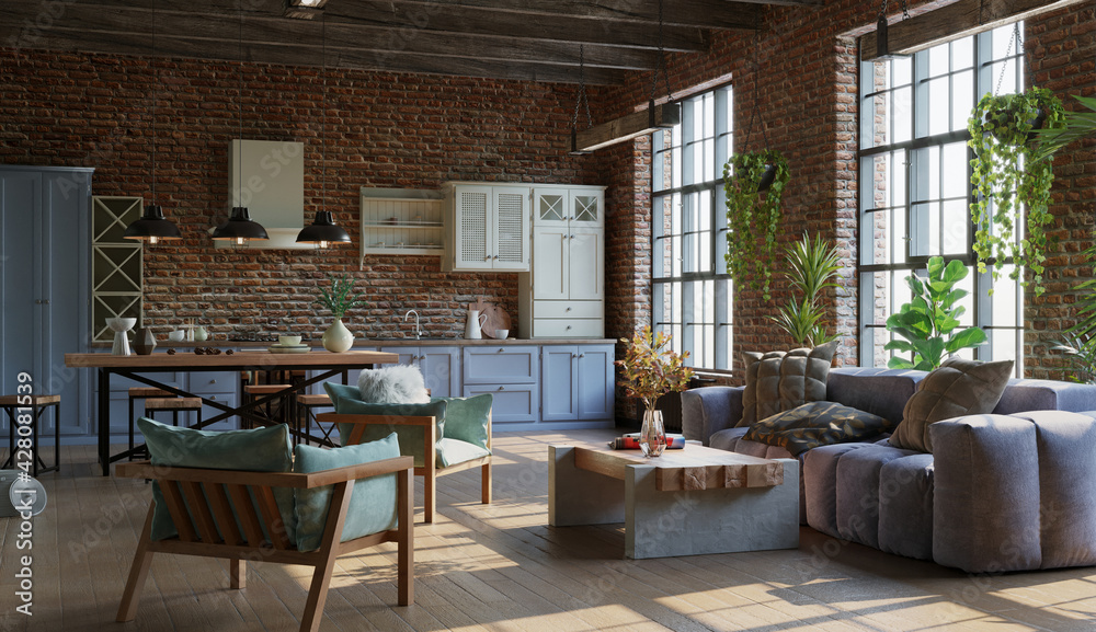 Open plan living room with kitchen, brick walls, industrial style, 3d render