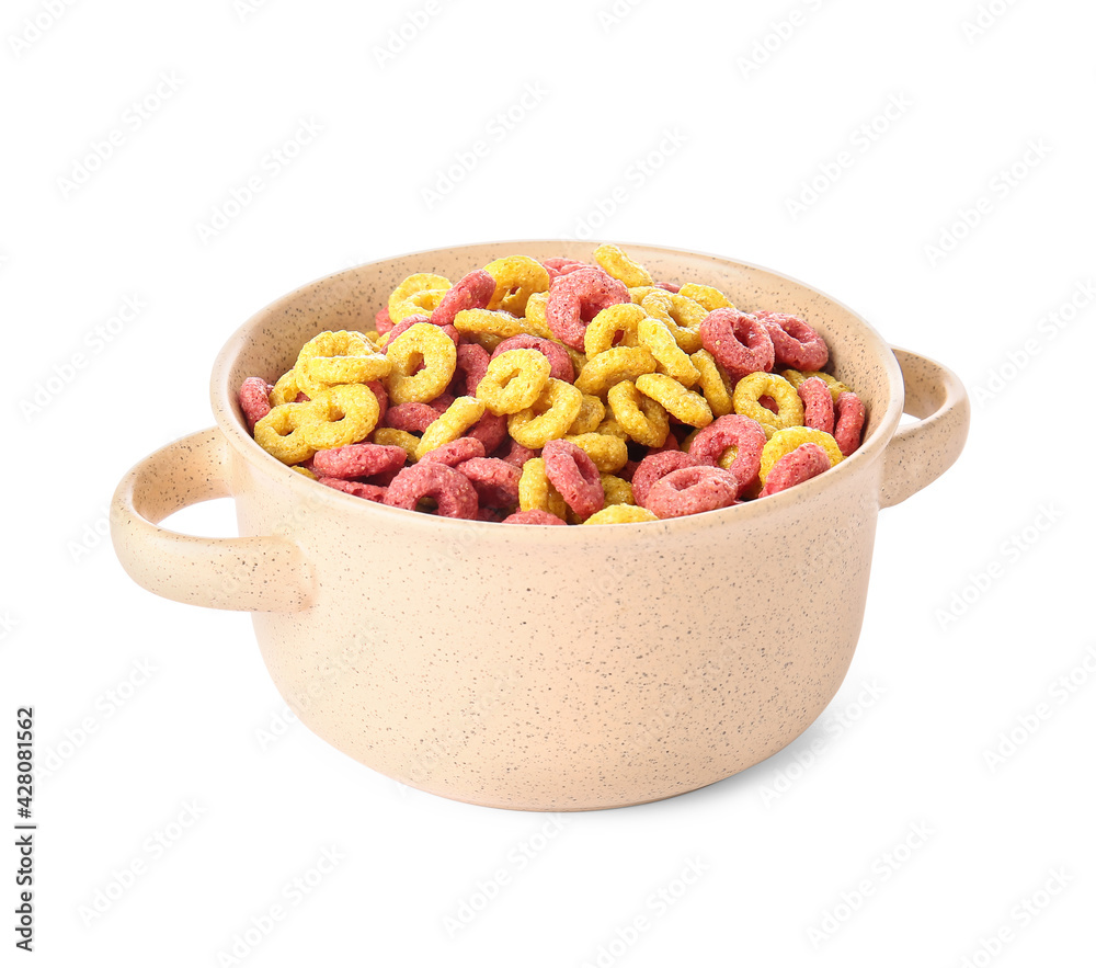 Pot with tasty cornflakes on white background Pot with tasty cornflakes on white background