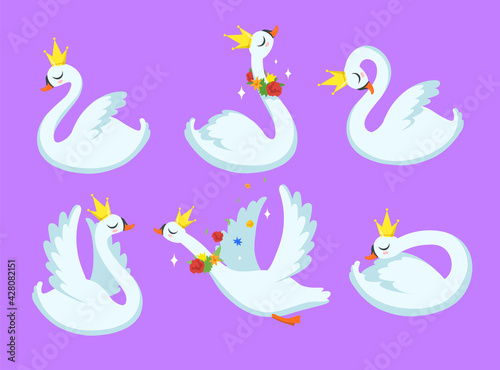 Cute swan or goose princess vector illustrations set. Cartoon white bird wearing golden crown and floral decoration isolated on purple background. Spring, fairytale, wedding, ballet concept